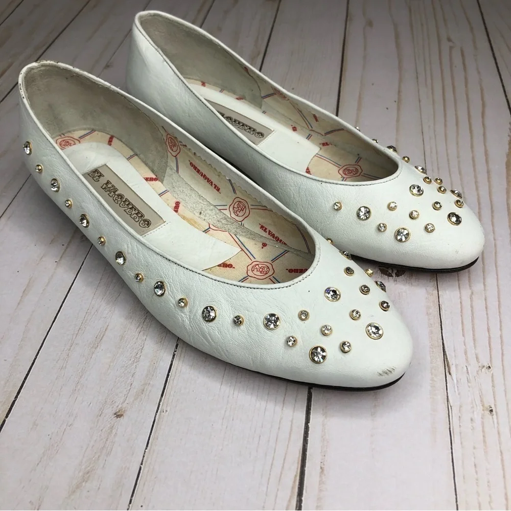 El Vaquero Vintage Rhinestone Studded Leather White Flats/Low Heels Sz 38 - Picture 3 of 14